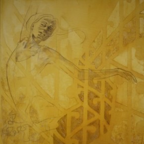 Gemälde in Acryl mit Darstellung einr Tänzerin in Gelbtönen und mit abstrakten Strukturen